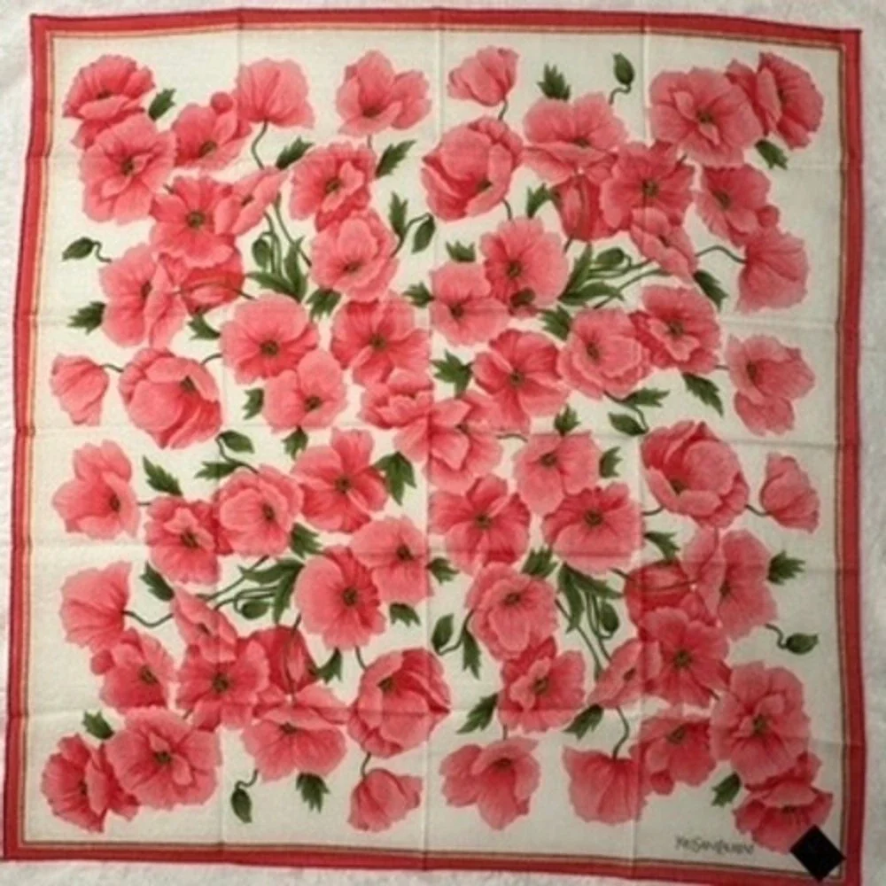 Vtg YVES SAINT LAURENT Scarf Handkerchief Poppy Floral Cotton Pink White 18.5